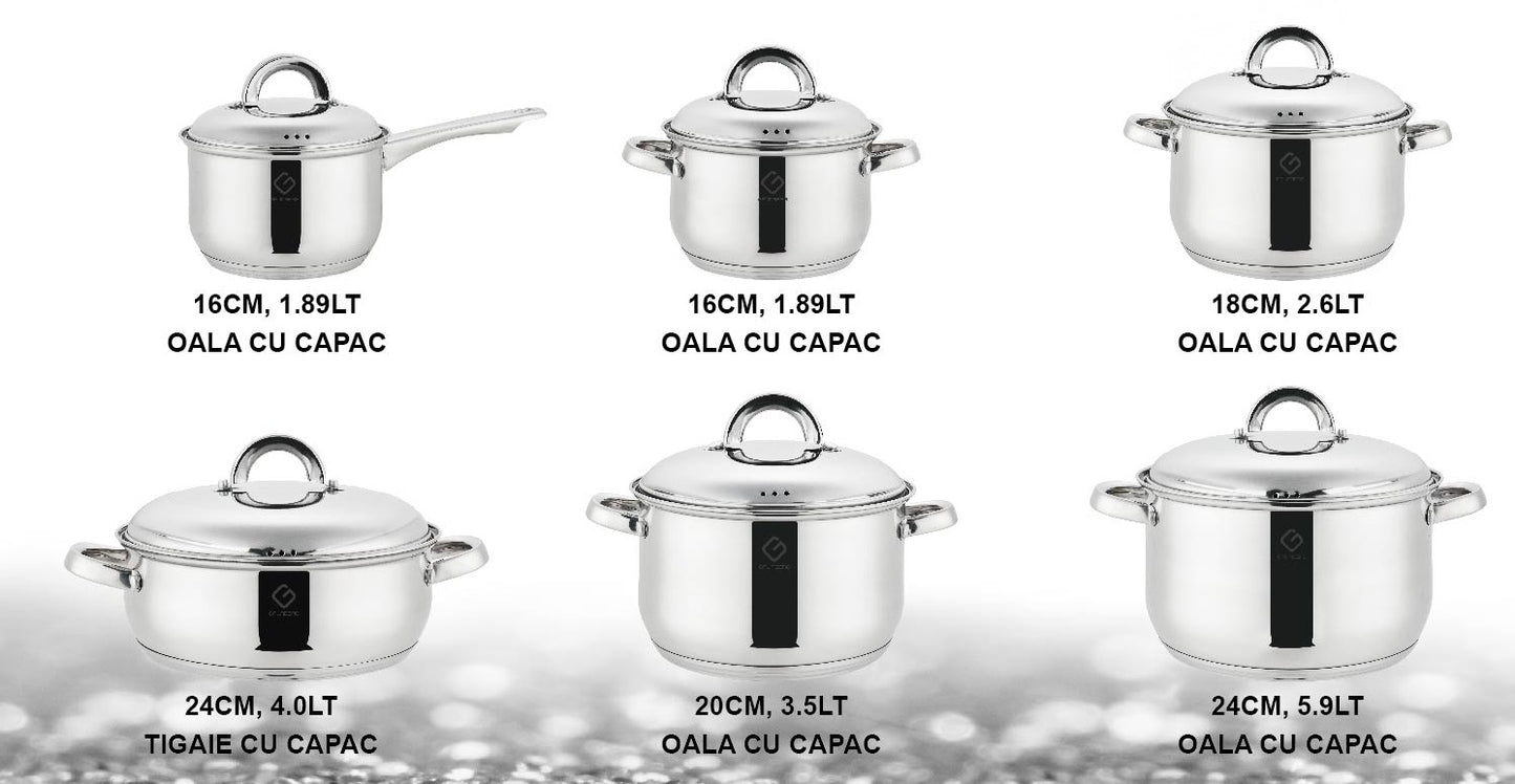 Set 12 piese , 6 vase din inox, compatibile cu plita cu inductie, cu capace din inox, Grunberg GR1512
