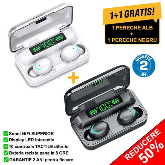 1+1 GRATIS: Casti Bluetooth TWS® PRO5.4 cu display LED si functie de Power Bank