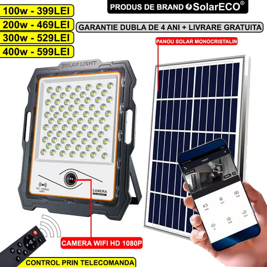 Proiector ULTRA LED SolarEco® cu Panou Solar si Camera WIFI HD1080P Integrata cu 16GB memorie interna