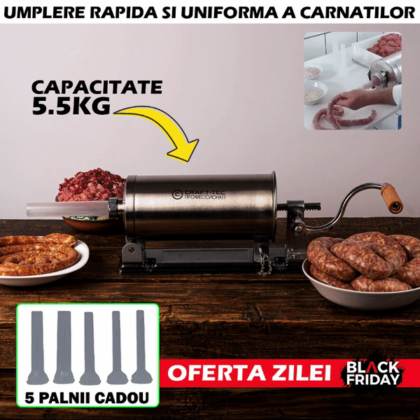 Aparat orizontal de facut (umplut) carnati Craft Tec, 5.5 kg, inox, 5 palnii incluse, talpa metalica