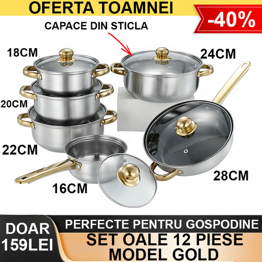 Set Oale 12 Piese stil GOLD din Inox (Diametru de 16-18-20-22-24-28cm)