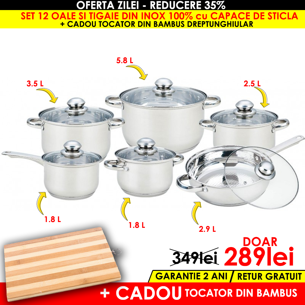 Set 12 piese , 6 vase din inox cu capace din sticla, Grunberg GR244