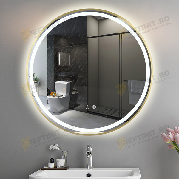 Oglinda LED Odin Rotunda 70cm Rama Aurie, Touch si 3 Lumini OD016/GD