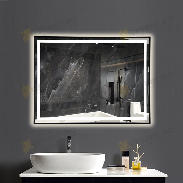 Oglinda LED Odin 80x60cm Rama Neagra, Senzor, Dezaburire, 3 Lumini, OD033/N