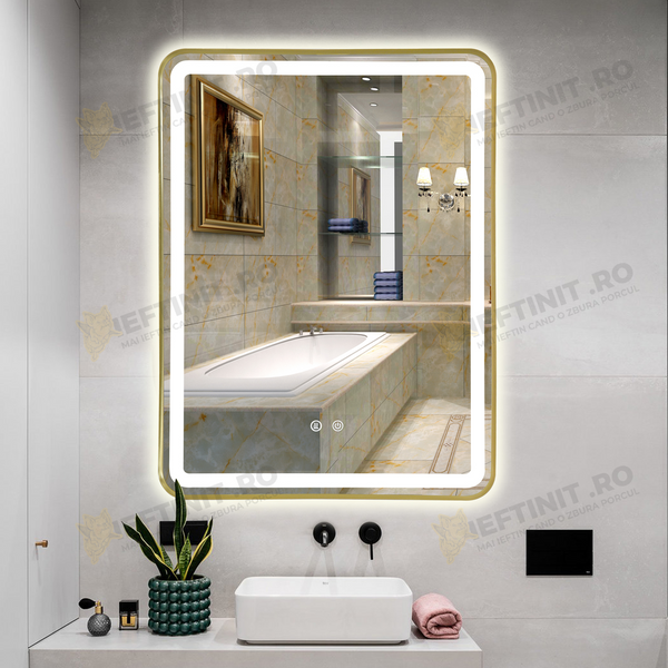 Oglinda LED Odin 60x80cm Rama Aurie, 3 Lumini, Dezaburire si Touch OD039/G