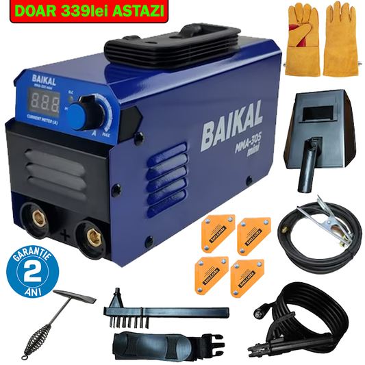 Pachet PROMO: Aparat de sudura Baikal MMA-305 MINI, 305A, 220V, 1.6-5mm + masca sudura + 4 x magneti sudura + manusi de sudura + ciocan pentru zgura