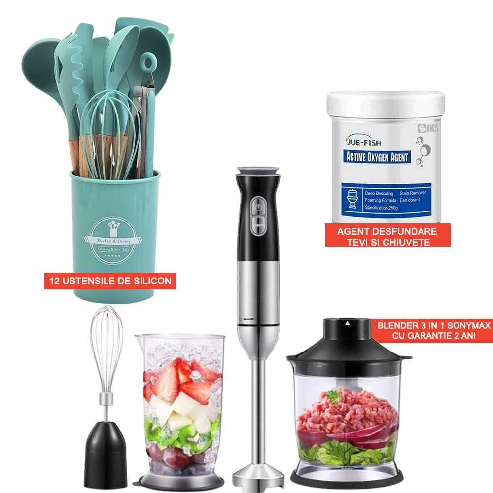 Pachet PROMO: Blender 4in1 + 12 ustensile silicon + agent activ desfundare chiuvete