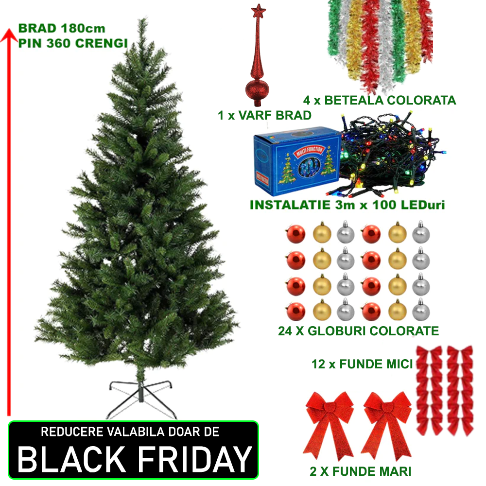 Brad de craciun 180cm + SET 44 accesorii pentru impodobit