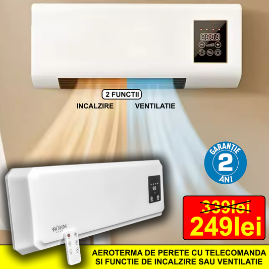 Aeroterma de perete cu DOUA TREPTE de putere (1000W / 2000W) pentru camere de 25m²