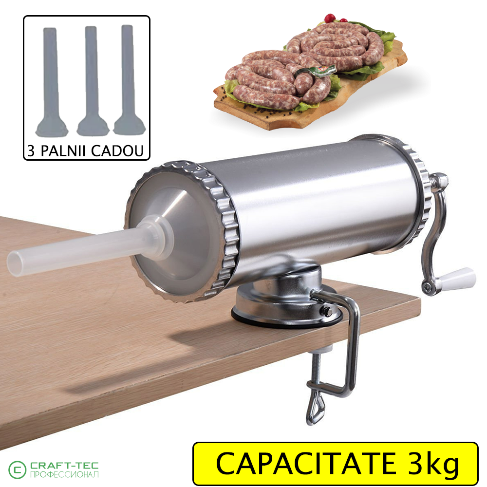 Aparat orizontal de facut (umplut) carnati Craft Tec, 3 kg, inox, 3 palnii incluse, prindere ventuza