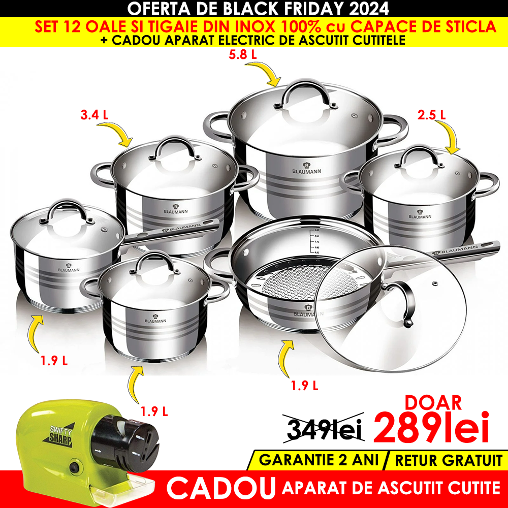 Set oale si tigaie inox 12 piese cu capace de sticla + CADOU aparat de ascutit cutite