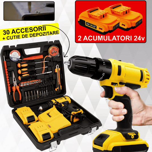 Pachet PROMO: Bormasina cu percutie si 2 acumulatori 24v + 30 accesorii