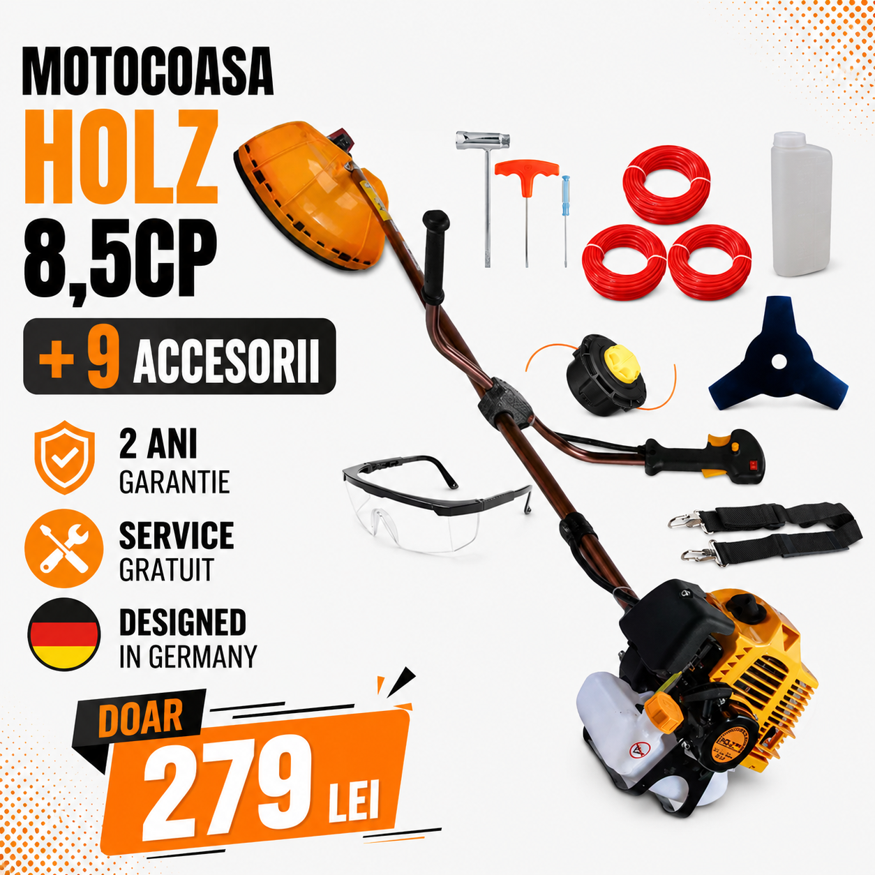 BONMOERO 鉄ver. Motocoasa pe benzina HOLZ Germany cu 9 ACCESORII incluse de 8.5CP
