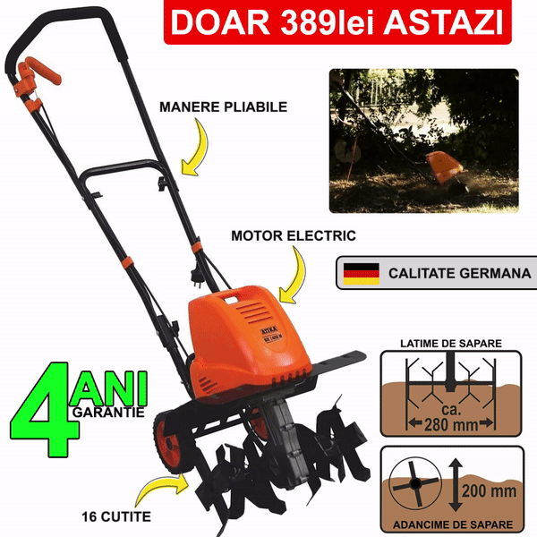Motocultor Electric ATIKA BH 800N cu adancime de sapare pana la 200mm si latime pana la 280mm
