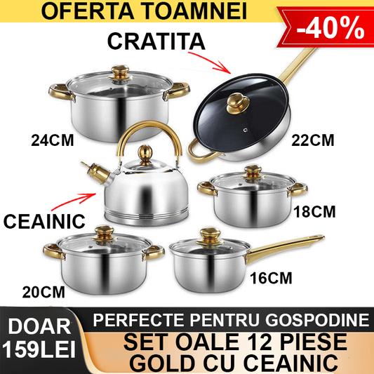 Set Oale 12 Piese stil GOLD din Inox cu Ceainic (Diametru de 16-18-20-22-24-28cm)
