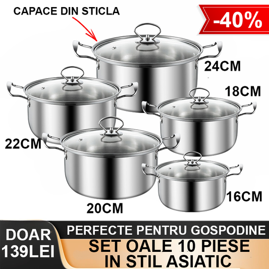 Set Oale 10 Piese stil Asiatic din Inox (Diametru de 16-18-20-22-24cm)