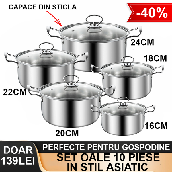 Set Oale 10 Piese din Inox (Diametru de 16-18-20-22-24cm)