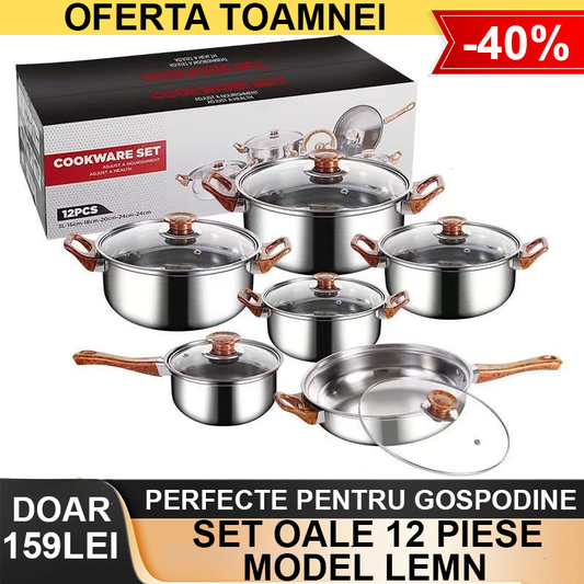 Set Oale 12 Piese model LEMN din Inox (Diametru de 16-18-20-22-24-28cm)