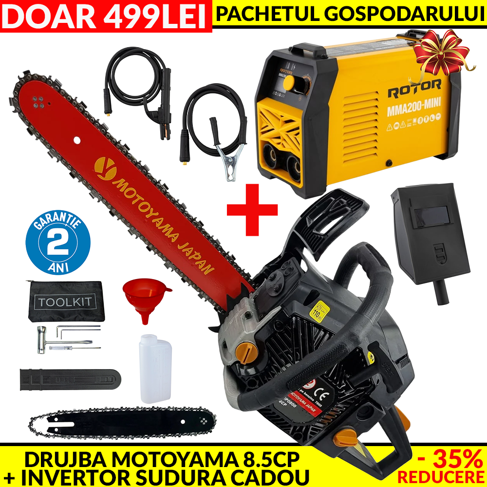 MEGA Pachet: Drujba pe Benzina Motoyama Japan 8.5CP + Invertor de Sudura LCD Color Rotor MMA200-MIN