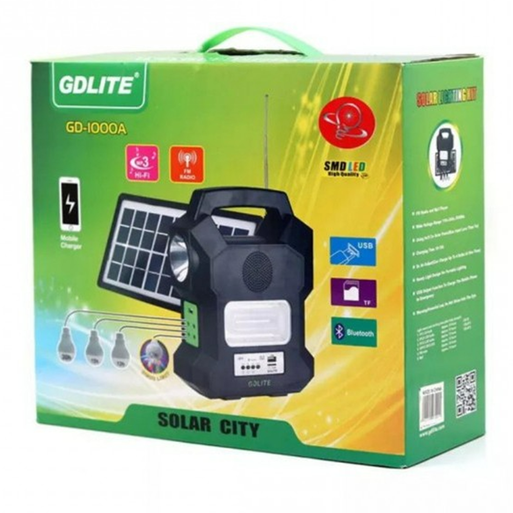 Kit solar GD-1000 cu 3 becuri, bec disco, panou solar si lanterna cu radio si incarcare telefon USB