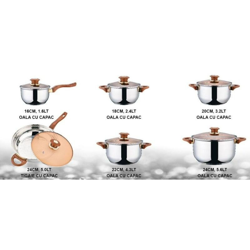 Set oale si tigaie inox 12 piese cu capace de sticla si maner imitatie lemn + CADOU aparat de ascutit cutite