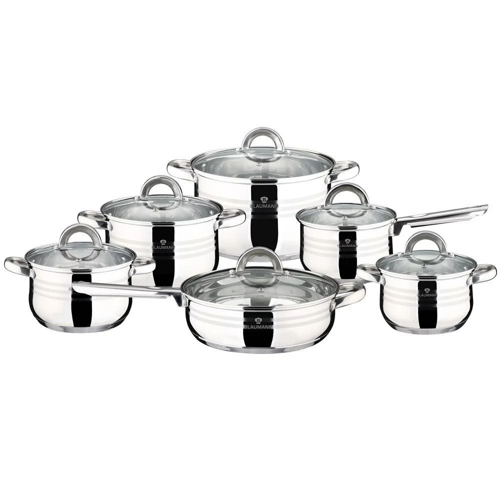 Set oale si tigaie inox 12 piese cu capace de sticla + CADOU aparat de ascutit cutite
