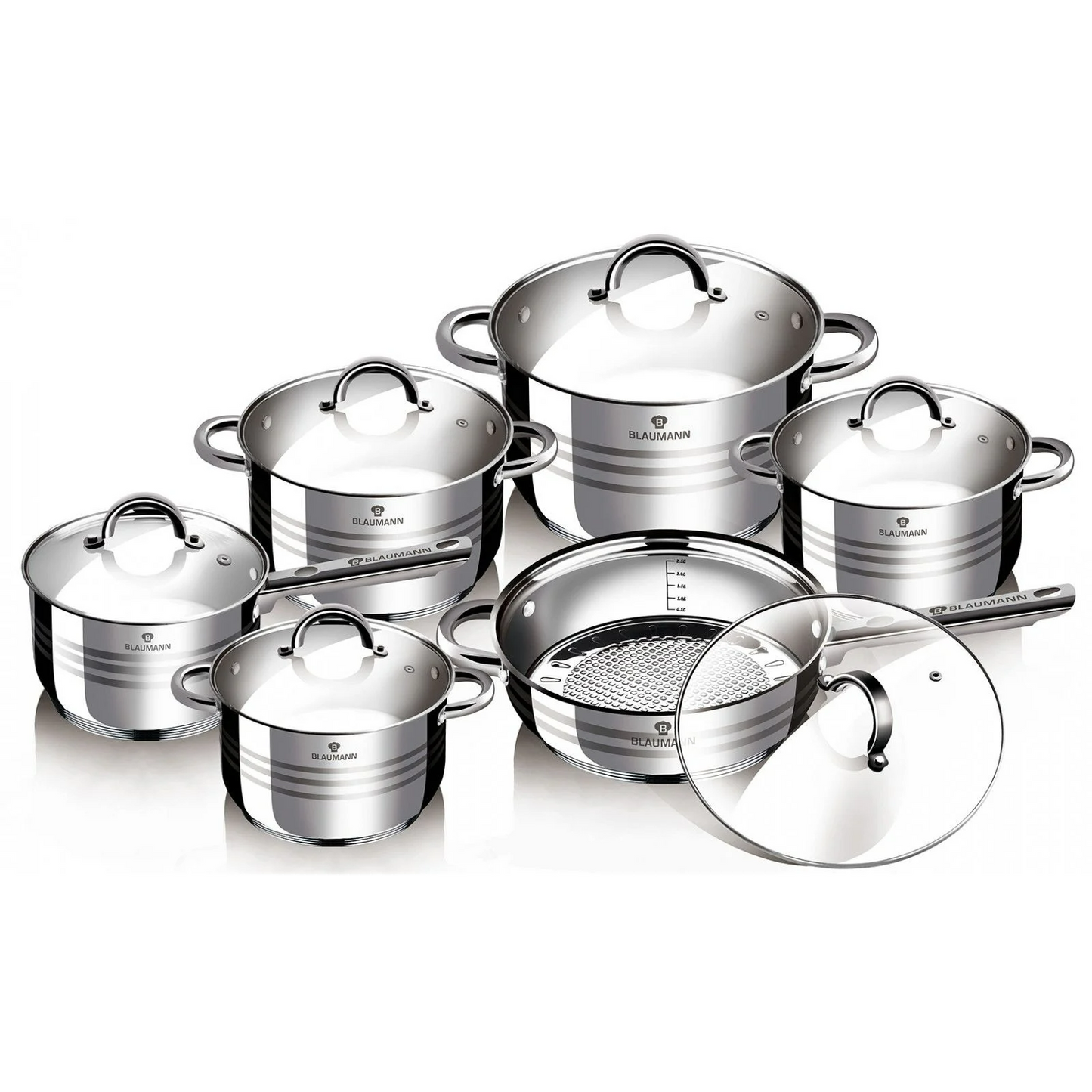 Set oale si tigaie inox 12 piese cu capace de sticla + CADOU aparat de ascutit cutite
