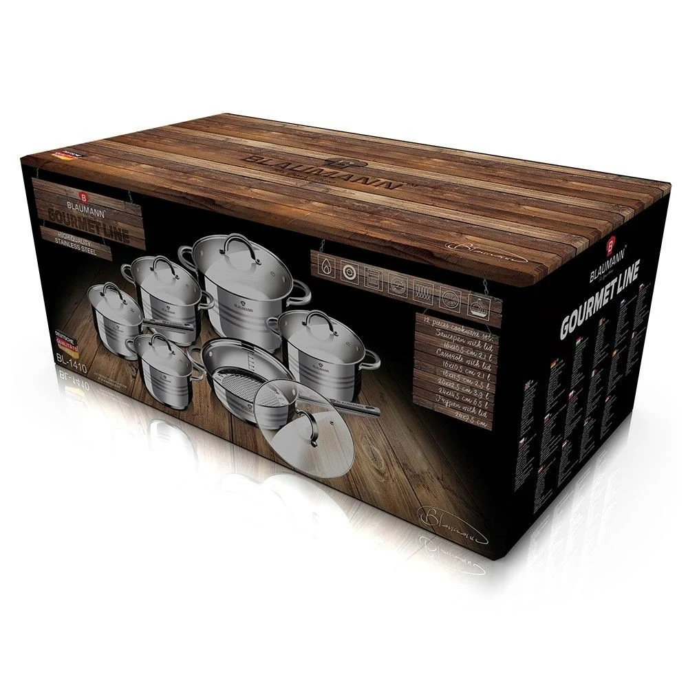 Set oale si tigaie inox 12 piese cu capace de sticla + CADOU aparat de ascutit cutite