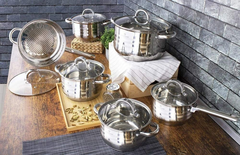 Set oale si tigaie inox 12 piese cu capace de sticla + CADOU aparat de ascutit cutite