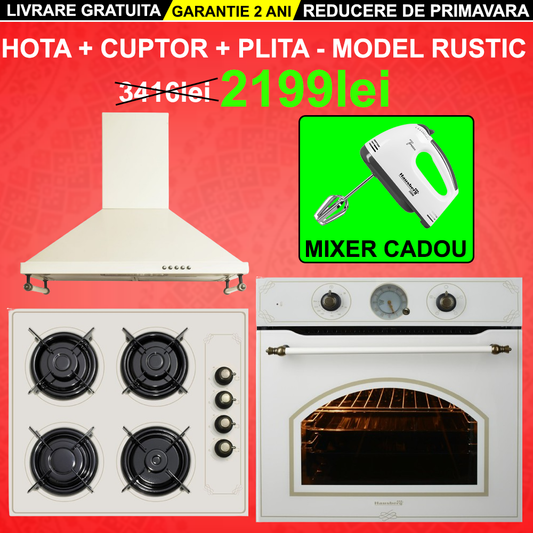 Pachet incorporabil Rustic, Cuptor electric Hausberg HB-8050, Clasa A, 57l, Ventilatie, Bej + Plita Incorporabila HB-570, 4 arzatoare, Gaz, Sticla + Hota decorativa HB-1500, 60cm, Filtru din aluminiu, Bej