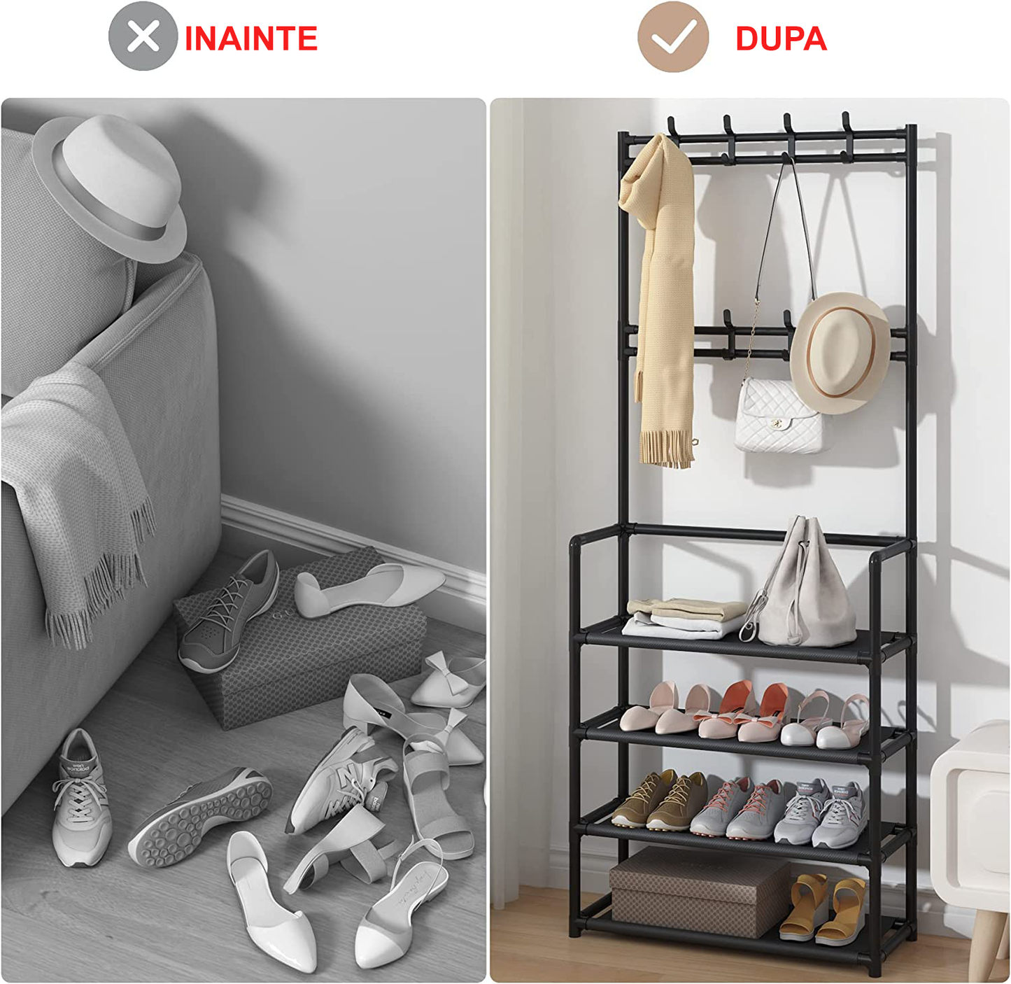 Raft organizator si pantofar pentru hol, negru, pana la 16 perechi de incaltari