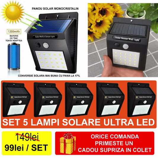 Set 5 Lampi Solare ULTRA 20 LED cu senzor miscare si rezistente la apa