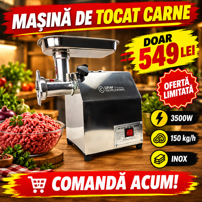 Mașină de Tocat Carne Electrică din Inox 3500W, 150 kg/h, cu Reductor în Baie de Ulei – pentru Casă și Macelărie