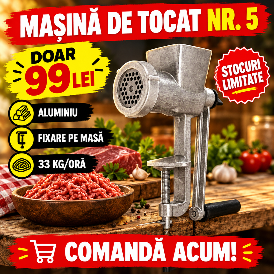 Mașină de Tocat Carne Manuală Nr. 5 din Aluminiu, cu Fixare pe Masă – pentru Sarmale, Chiftele și Cârnați