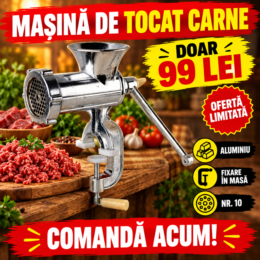 Mașină de Tocat Carne Manuală Nr. 10 din Aluminiu, 1165 g, cu Clemă de Fixare – pentru Sarmale, Chiftele și Cârnați