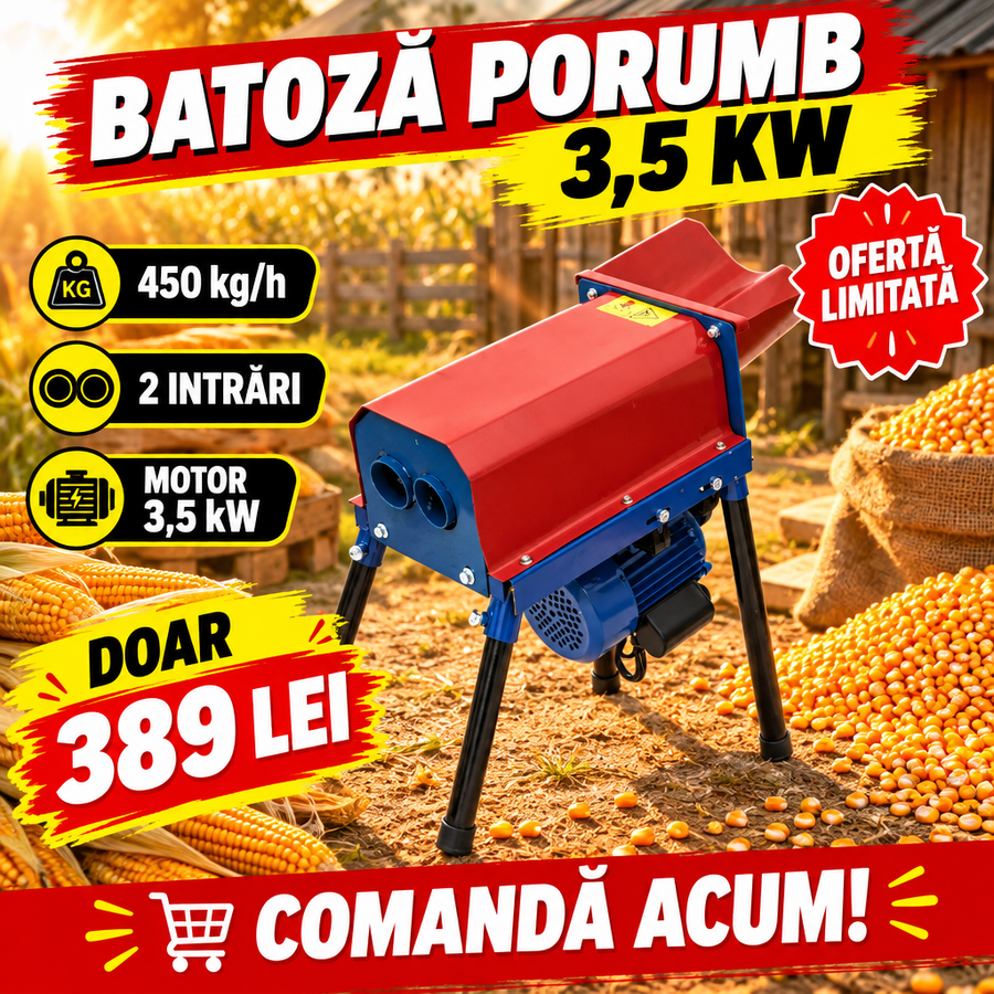 Batoză Electrică de Desfăcat Porumb cu Două Intrări, 3,5 kW, 450 kg/h – pentru Gospodărie și Fermă