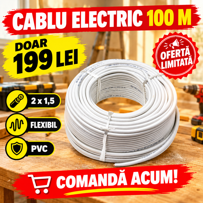 Cablu Electric de Curent 2 x 1,5, Alb, 100 m, Izolație și Manta PVC – pentru Instalații Fixe și Mobile