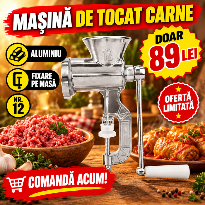 Mașină de Tocat Carne Manuală Nr. 12 din Aluminiu, cu Menghină de Fixare – pentru Sarmale, Chiftele și Cârnați
