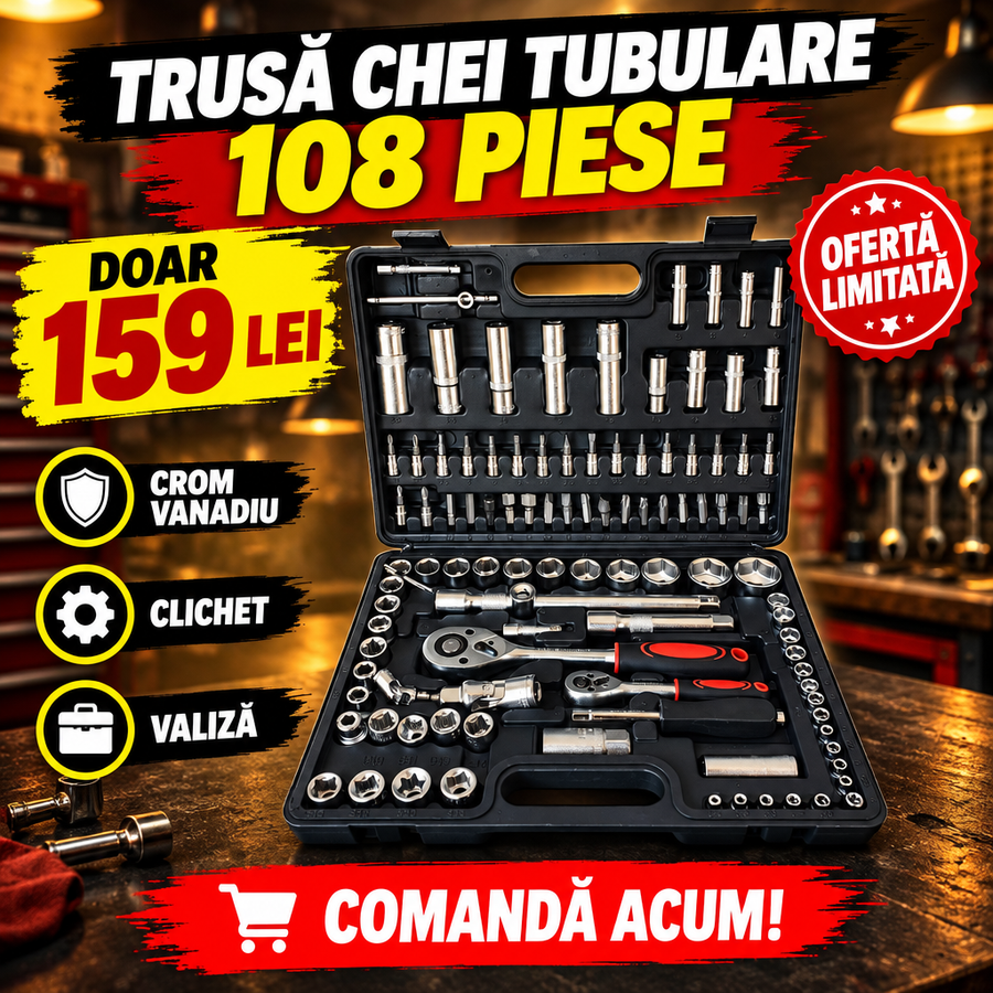 Trusă Chei Tubulare 108 Piese din Crom Vanadiu, 1/2" și 1/4", cu Clichet și Valiză – pentru Auto și Bricolaj