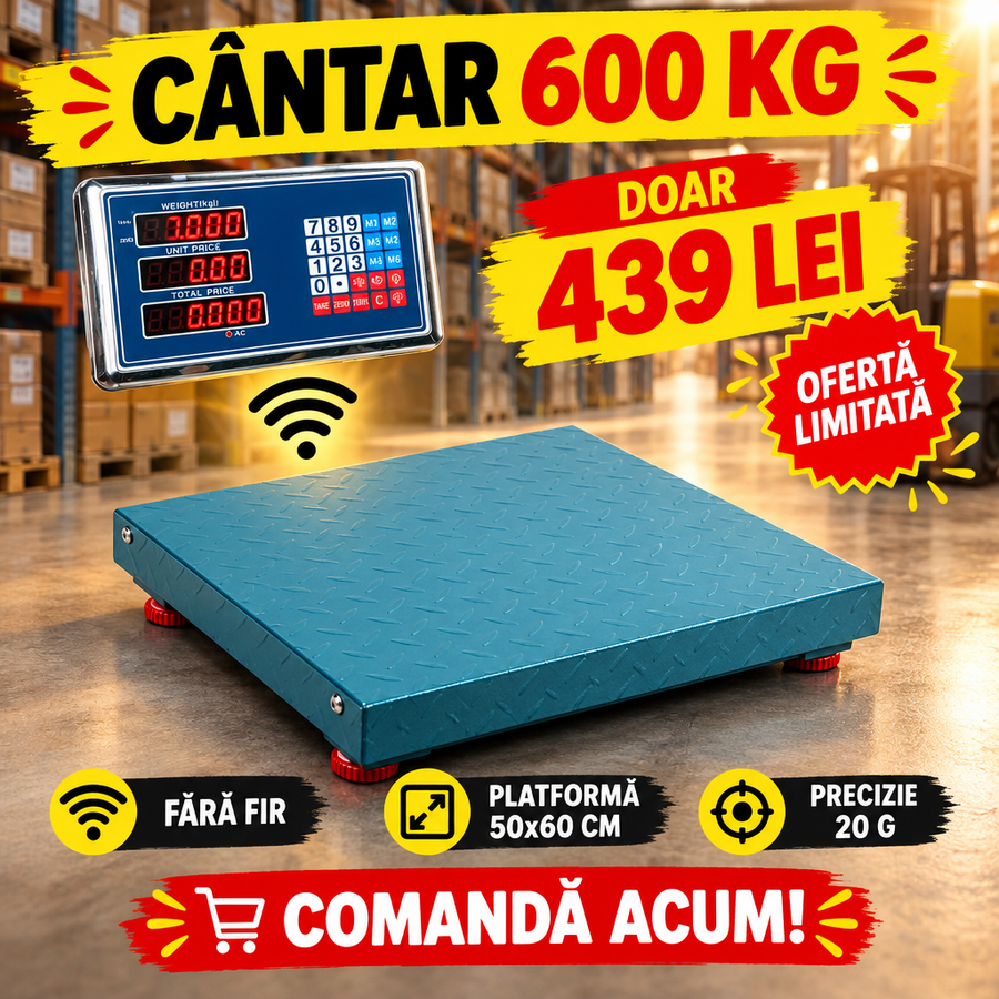 Cântar Electronic cu Platformă 600 kg, Wireless Wi-Fi, 50x60 cm – pentru Depozite, Ferme și Colete