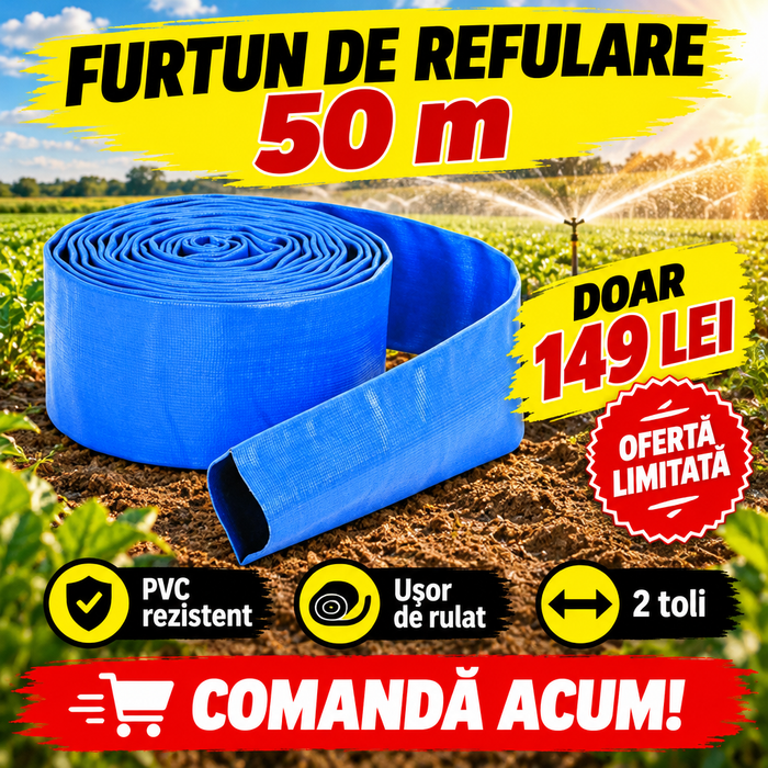 Furtun Plat de Refulare Apă din PVC, 2 Toli, 50 m, Albastru – pentru Irigații, Construcții și Pompe