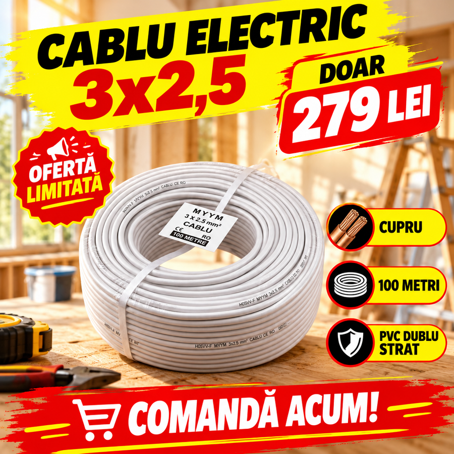 Cablu Electric de Curent 3 x 2,5 mm², Cupru, 100 m, Izolație PVC Dublu Strat – pentru Prize și Iluminat