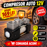 Compresor Auto 12V cu 2 Cilindri, 70 L/min, 150 PSI, cu Lanternă și Kit Reparație Pană – pentru Umflat Roți