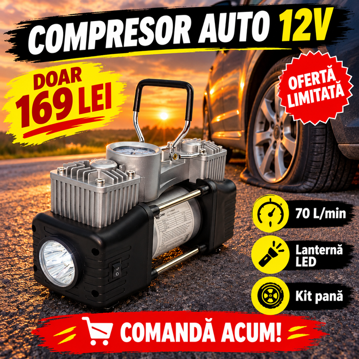 Compresor Auto 12V cu 2 Cilindri, 70 L/min, 150 PSI, cu Lanternă și Kit Reparație Pană – pentru Umflat Roți