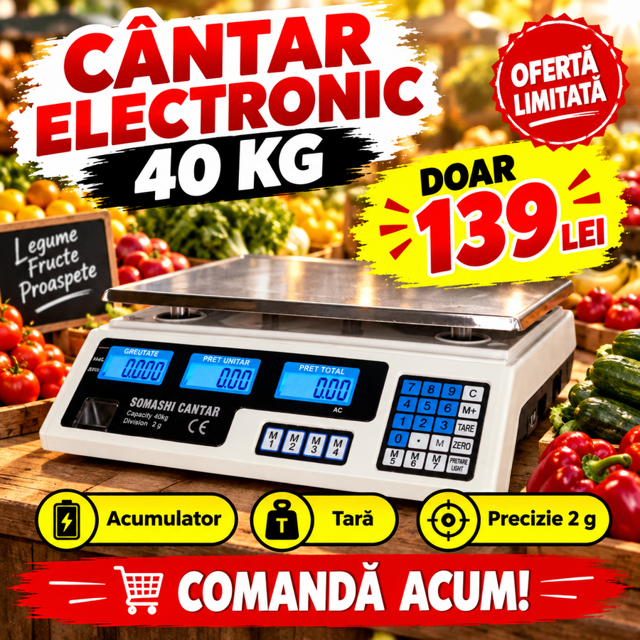 Cântar Electronic Lider MX411 cu Afișaj pe Două Fețe, 40 kg, Acumulator Încorporat – pentru Piață, Magazin și Depozit