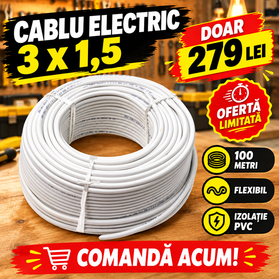 Cablu Electric de Curent 3 x 1,5, 100 m, Izolație și Manta PVC – pentru Instalații Fixe și Mobile
