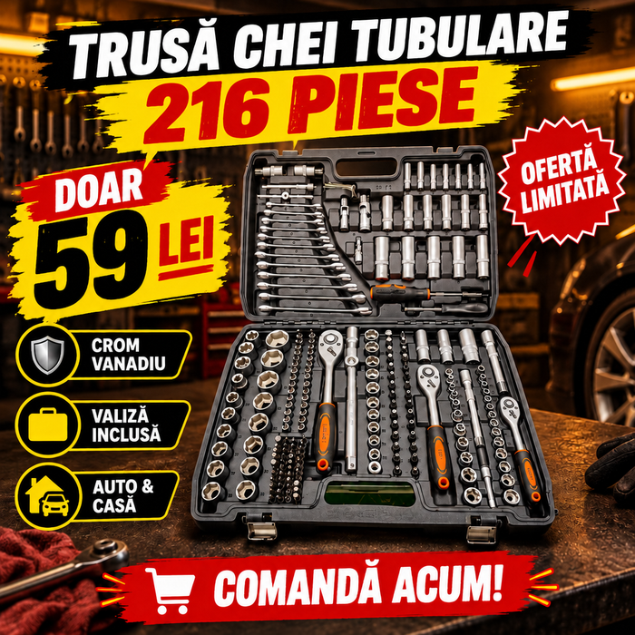 Trusă Chei Tubulare 216 Piese din Crom Vanadiu, 1/2", 3/8", 1/4", cu Valiză – pentru Auto și Gospodărie