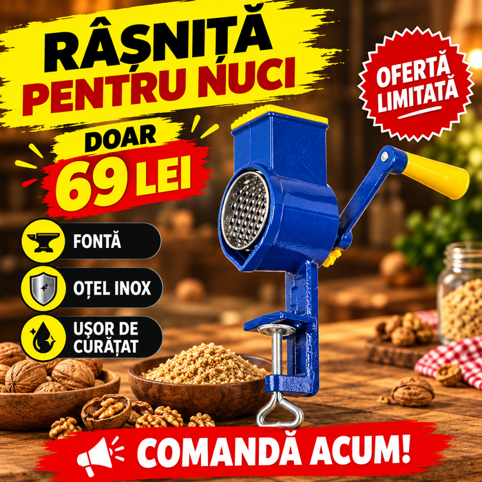 Râșniță Manuală pentru Măcinat Nuci, din Fontă, cu Răzătoare din Oțel Inoxidabil – Albastră, Ușor de Curățat