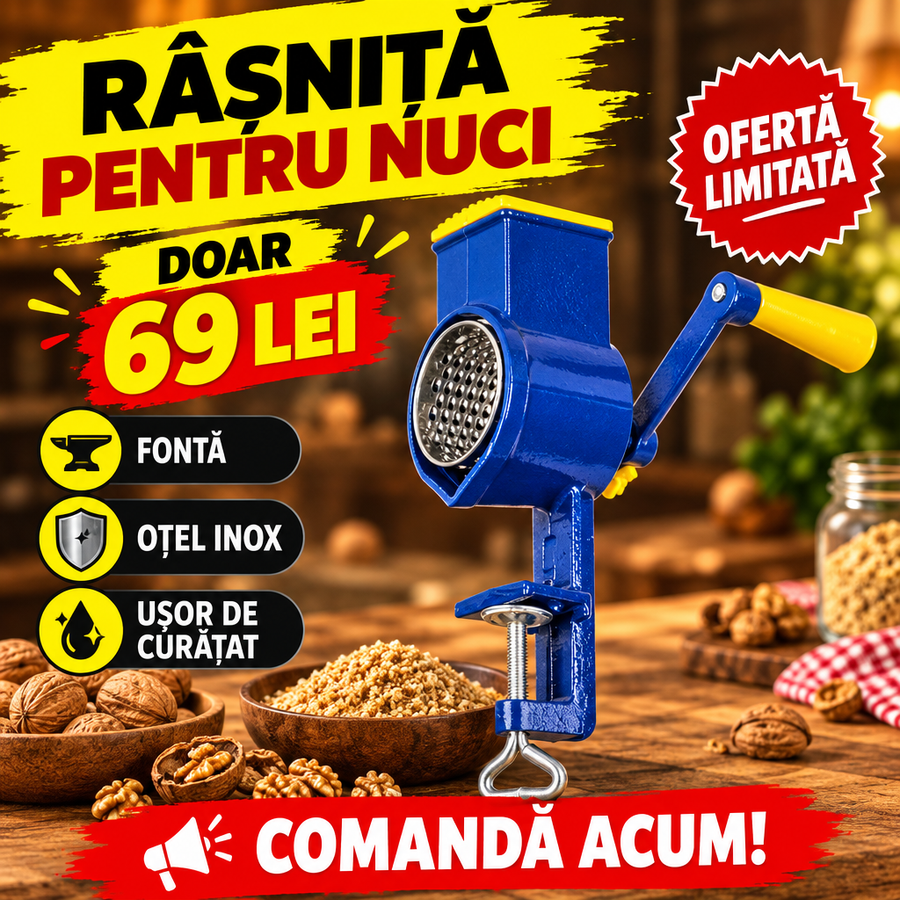 Râșniță Manuală pentru Măcinat Nuci, din Fontă, cu Răzătoare din Oțel Inoxidabil – Albastră, Ușor de Curățat
