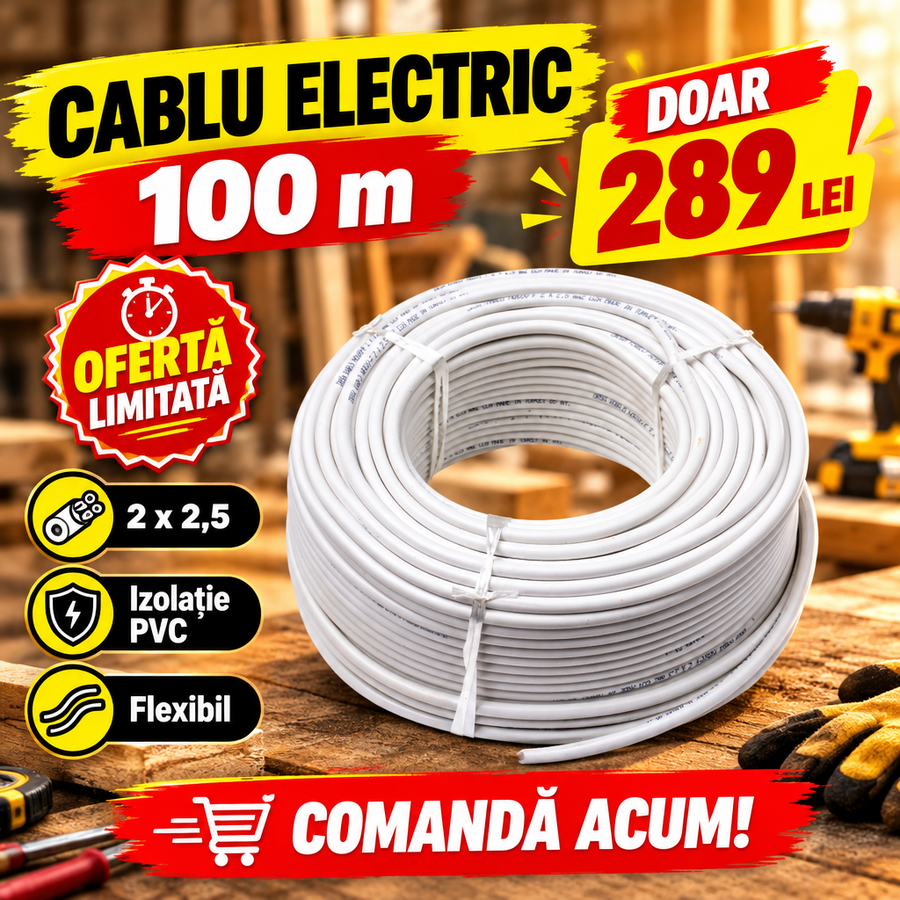 Cablu Electric de Curent 2 x 2,5, Alb, 100 m, Izolație și Manta PVC – pentru Instalații Fixe și Mobile